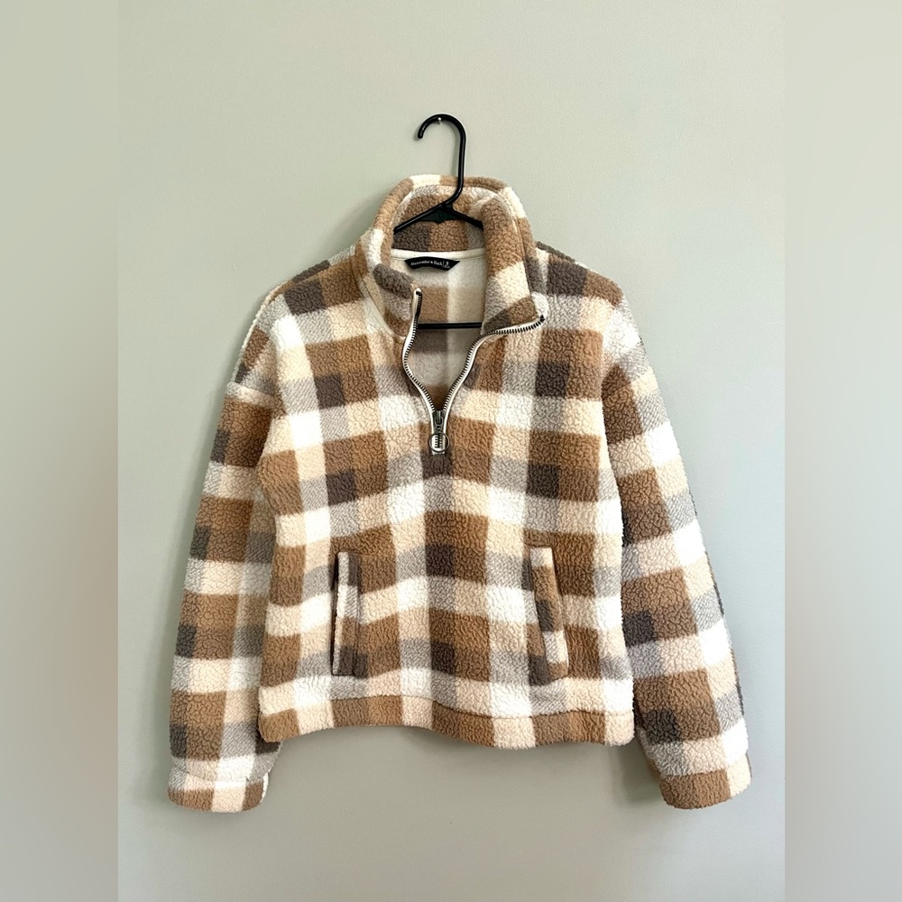 Abercrombie & Fitch Plaid Sherpa Fleece Half Zip Pullover Small